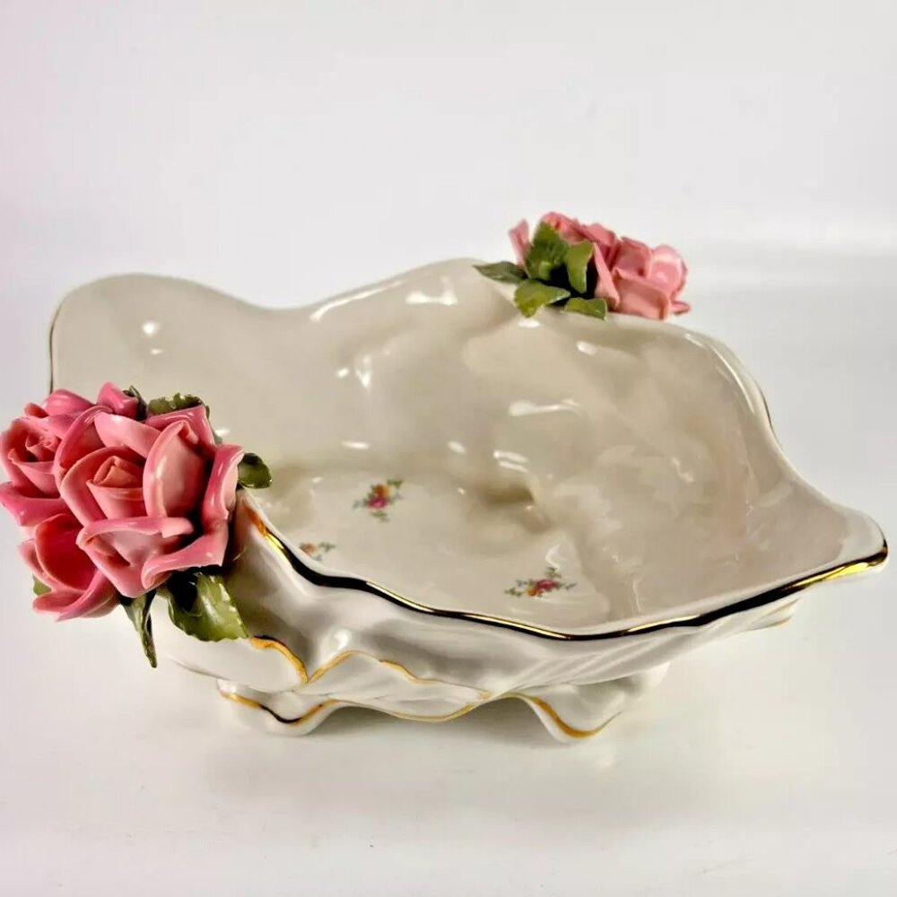 Vtg Dresden Bowl White Porcelain Applied Roses Sandizell Hoffner Germany 60s